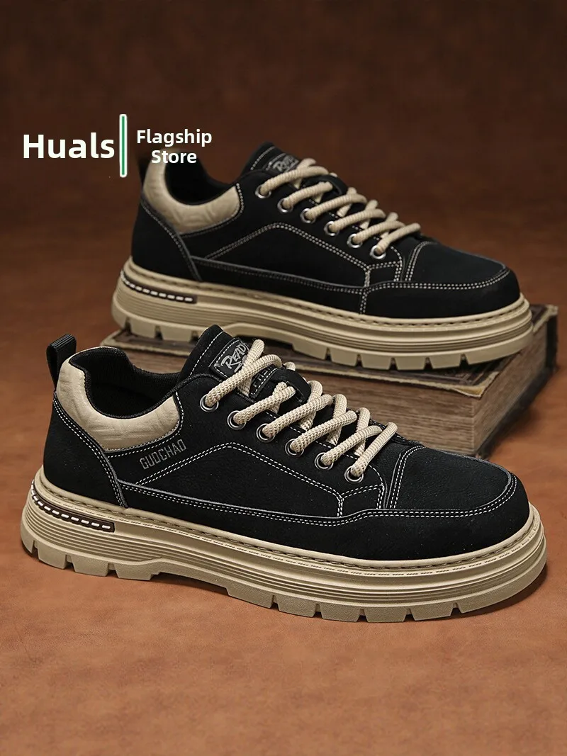 Men's Casual Work Shoes 2026 New Autumn British Retro Thick Bottom Heightening Workwear Trendy Shoes Breathable Mesh Inner
