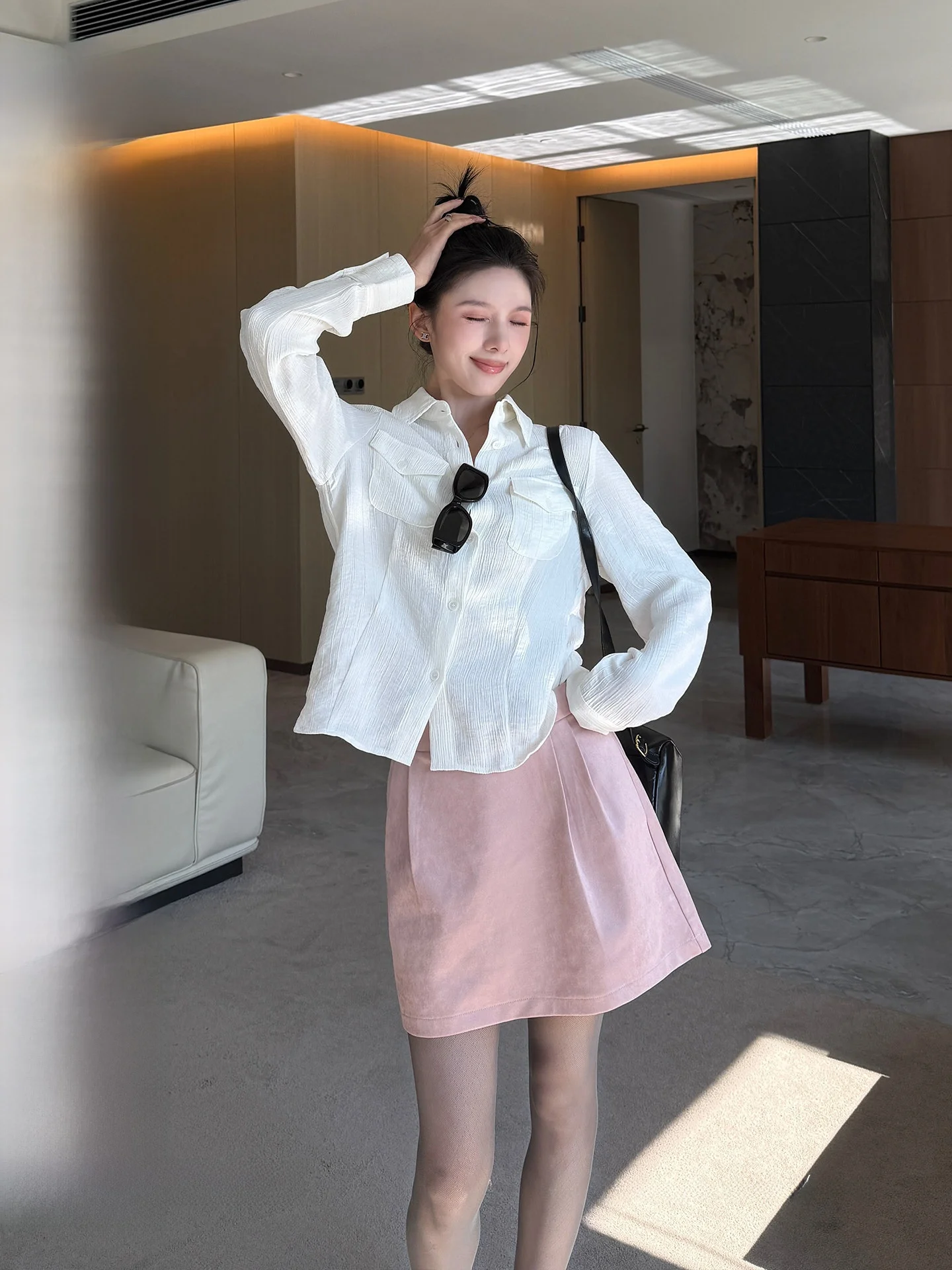 

Pure White Pleated irt Women's Single Wear Layering Beautiful Qian White Korean Sle Fitting Long Sve Button up