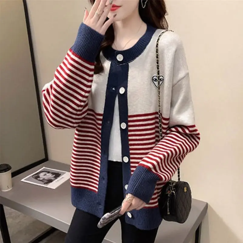 Women Autumn Fashion New Crew Neck Stripe Contrast Splicing Knit Cardigan Sweater Loose Cozy Versatile Button Long Sleeves Coat