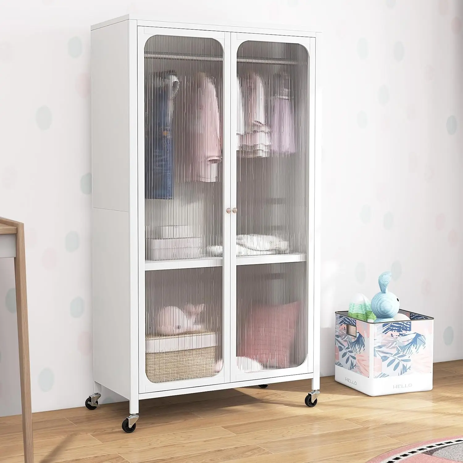 Giantex Closet Wardrobe, Portable Closet With Rollers, Mobile Metal Armoire Closet With Hanging Rod, Adjustable Shelf, Rolling