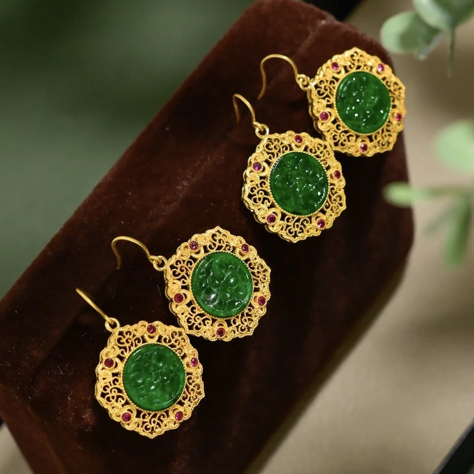 Natural Grade A Emerald Green Carved Jade Earrings Palace Style Drop Earrings 18K Gold 5D Craft Inlay for Women