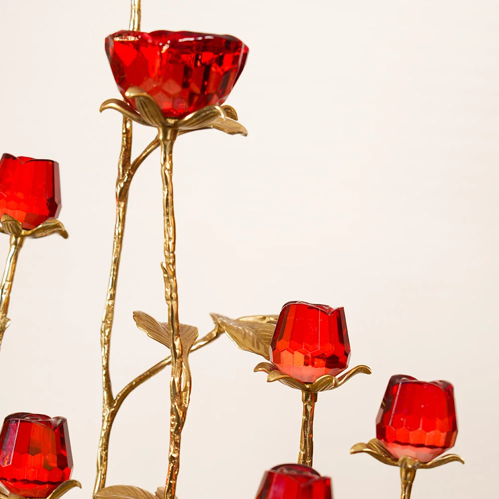 Luxury Brass Rose Sculpture With Red Crystal Decoration, Elegant Table Decoration, Suitable For Wedding/anniversary Gifts