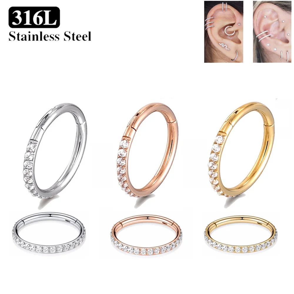 1/10/50 Stainless Steel Zircon CZ Earrings Woman Nose Septum Clicker Ring Round Earring Hoops Ear Piercing Jewelry