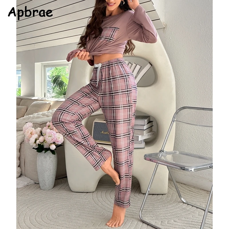 Autumn Winter Pajamas for Women Long Sleeves Plaid Pants Pijamas Woman Milk Silk Round Neck Homewear Girls Nightwear