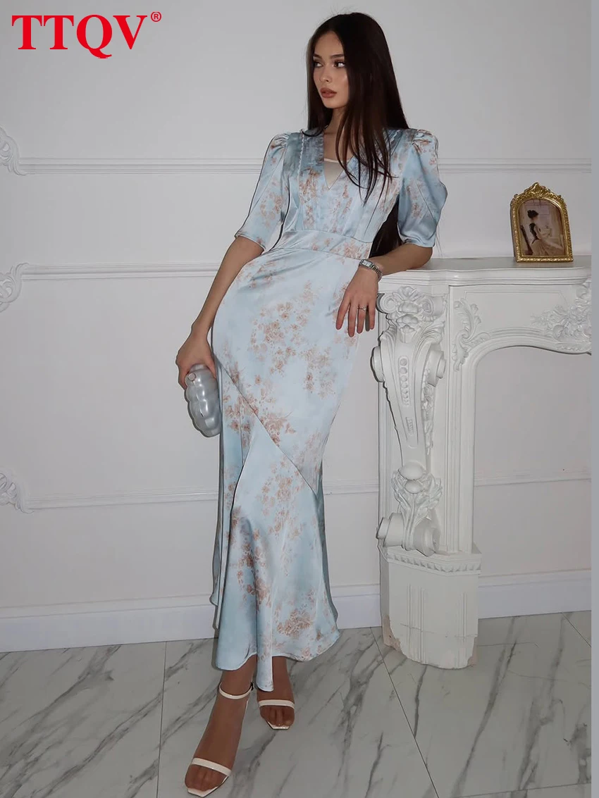 

TTQV Summer Slim Print Women Dress 2026 Fashion V-Neck Short Sleeve Ankle Length Dresses Elegant Classic High Waist Female Dress