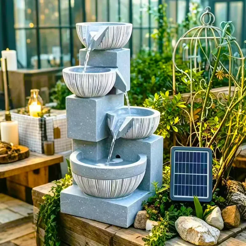 Solar-Powered European Style Fountain Water Feature Recirculating Four-Tier Wealth-Bowl Design Modern Courtyard Water Display