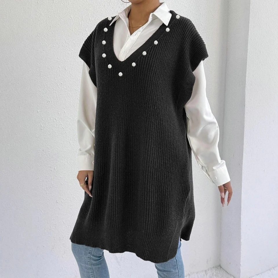 Ceco Suéter Hoado para Mujer, Estilo Informal, Escote en V Profundo, Chaqueta de Suéter con Cuentas, Sin Cinturón, Estil...