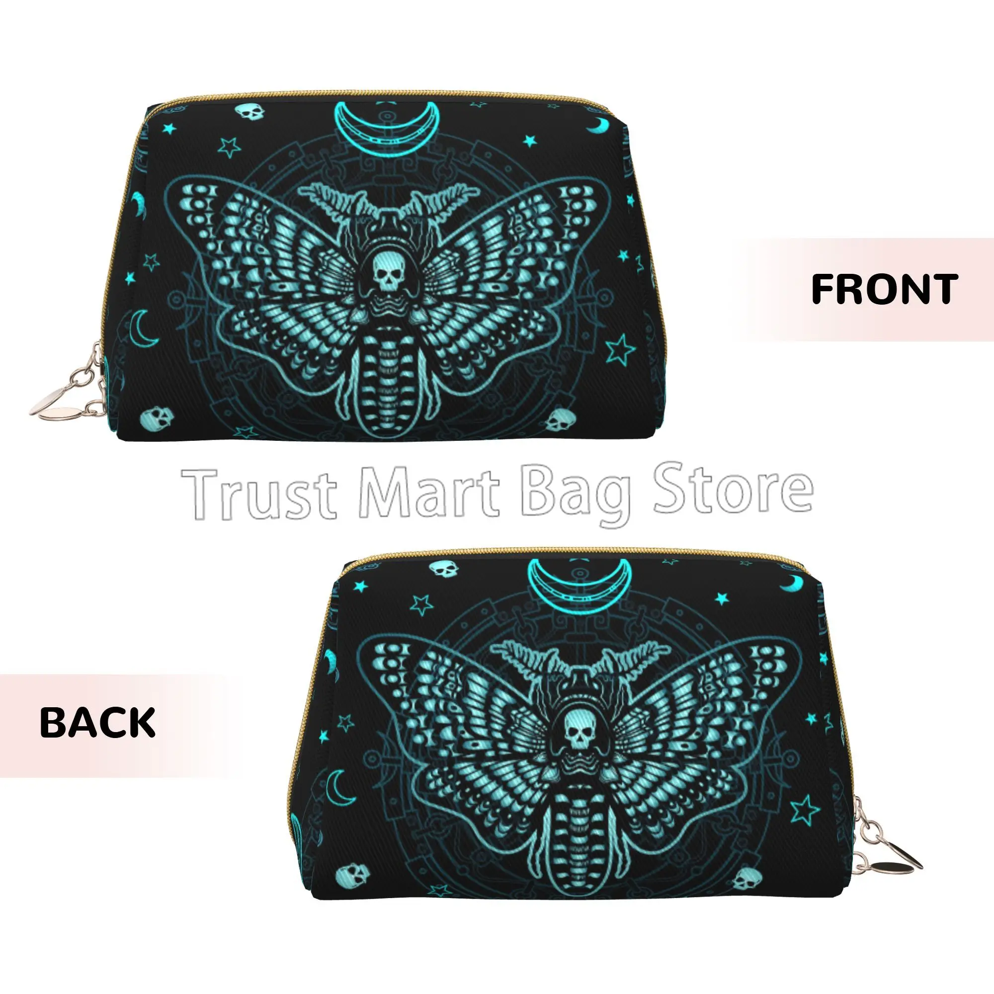 Mystical Moth Skull Dead Head Leather Travel Cosmetic Bag Black Skull Moth Large Capacity Waterproof Toiletry Bag Makeup Pouch