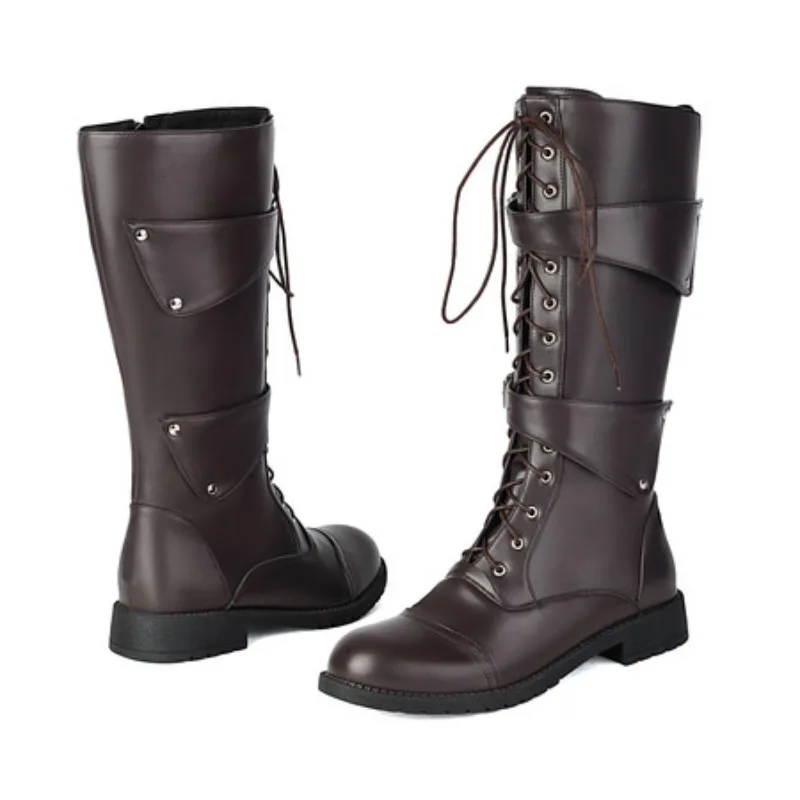 

Женские сапоги до колена, повседневные мужские сапоги до колена с круглым носком, толстые каблуки 3 см, пряжки на молнии, большой размер 47 Black Routine Bota