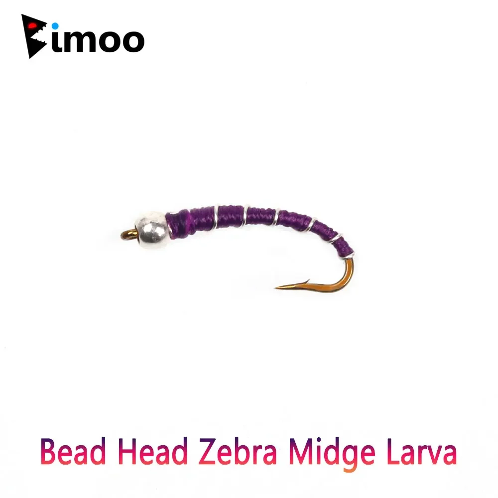 Bimoo 6pcs #18 Brass Bead Head Zebra Midge Larva Fly Long Shank Curved Artificial Worms Fly  Trout Perch Fishing Lures Baits