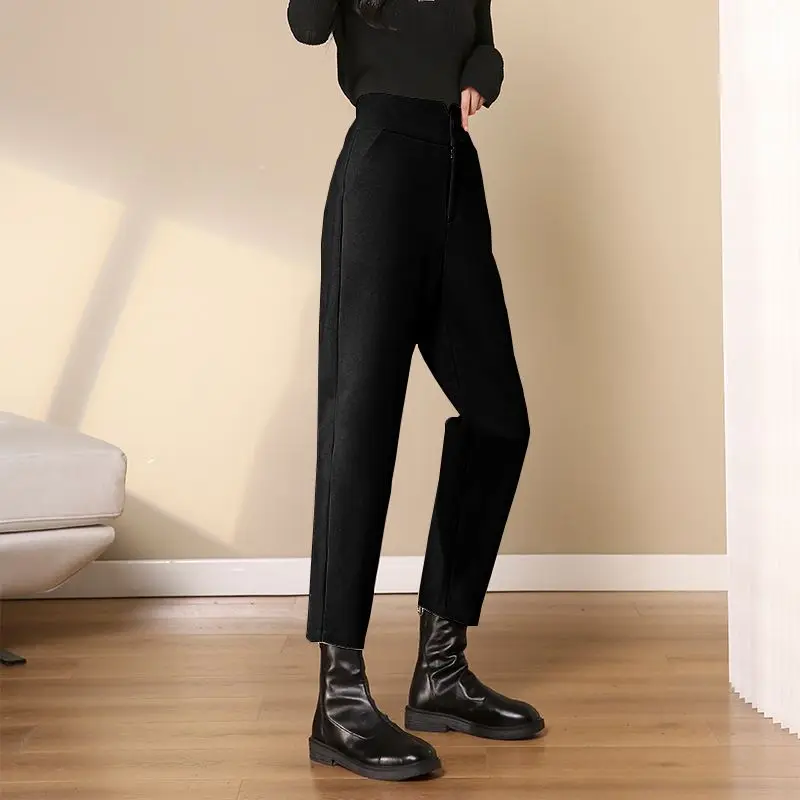 Autumn and Winter Women\'s Solid Colors Slim Button Chic Halun Pants High Waist Woolen Appear Thin Fashion Commuter Trousers