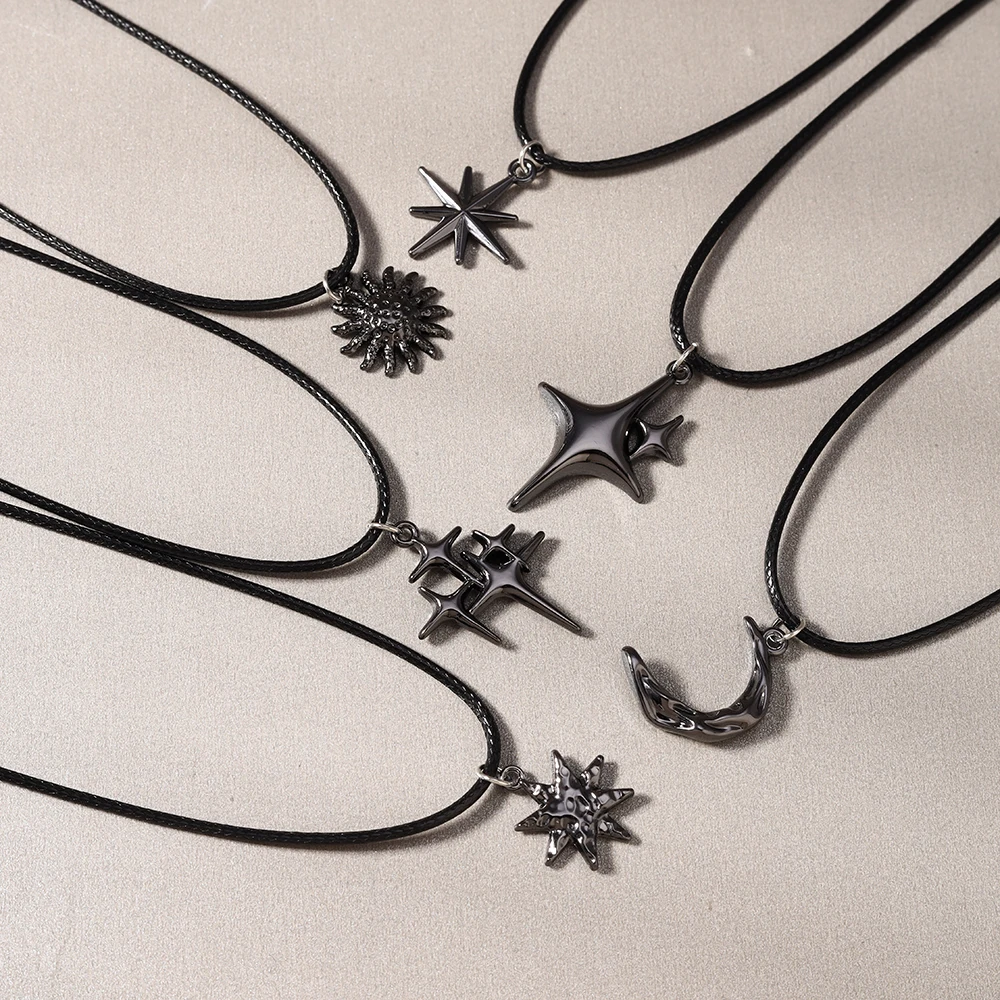 Aihua Hip-Hop Halskette mit Sonne-Mond-Stern-Anhänger in Gunmetal-Schwarz für Damen und Herren, Punk-Stil mit schwarzem Seilband, Y2K-Party-Schmuckgeschenke – Detail 4