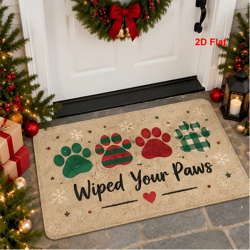 VIKAMA Christmas Doormat Non Slip Absorbent Washable Floor Mat Paw Print Wiped Your Paws Pet Dog Cat Decor Rug
