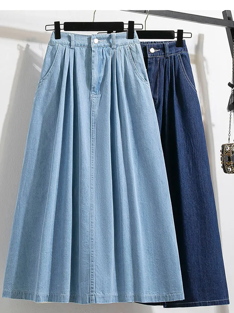 Nieuwe 2023 Herfst Plus Size Denim Rok Vrouwen Hoge Elastische Taille Blauwe Of Hemelsblauwe Kleur Koreaanse Mode A Lijn Midi Jeans Rokken