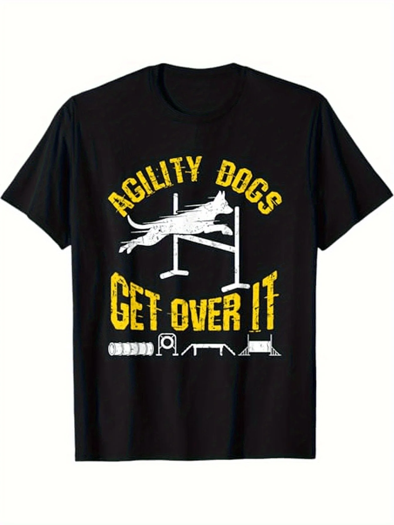

Universal for both men and women, agile dog "Overcome It" fun black T-shirt, with dog training pattern print, round neck