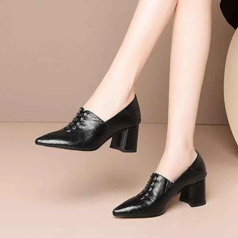 Chunky Heel Single Shoes Woman Pumps Women\'s High Heels Pointed toe Slip On Female Spring/Autumn Fashion Front Lace Black Beige