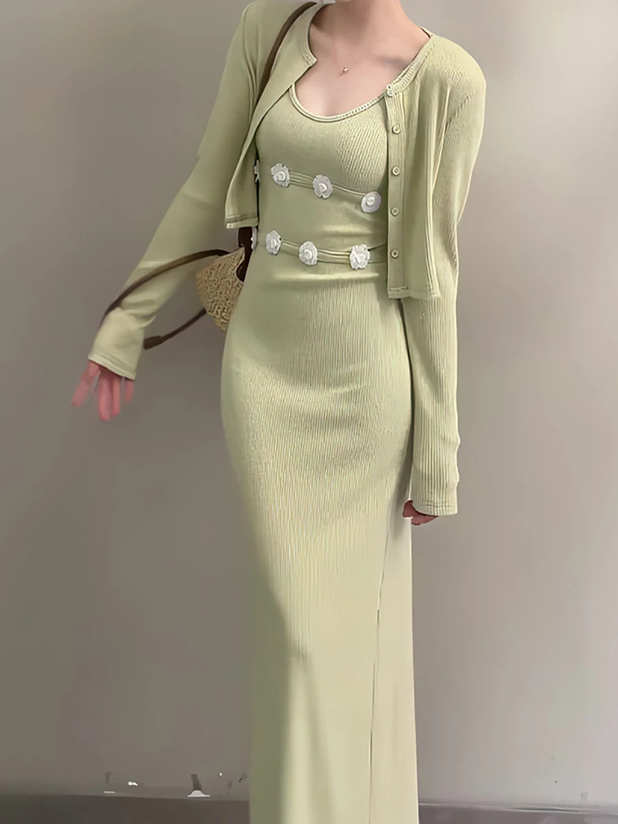 

Spring 2026 Women's Knitted Slim Fit Cardigan And Floral Halter Dress Set High Waist Polyester Fabric Wear Resistant Casual Wear