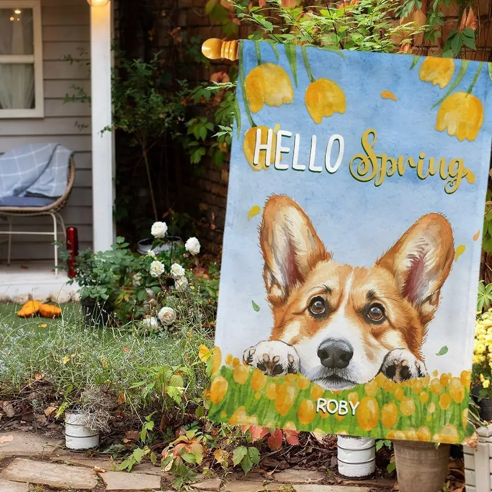 Hello Spring Yellow Tulip Garden Flag Black and Tan Coonhound Dog Spring Flower Yard Porch Decor Flag for Outdoor Farmhouse  GGO
