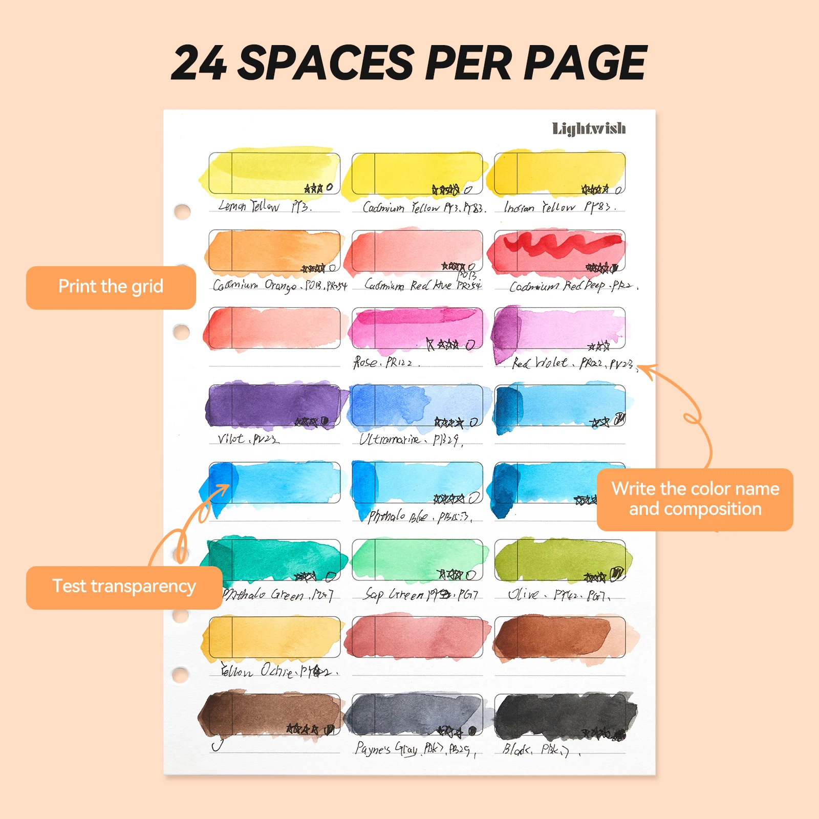 LIGHTWISH Watercolor Swatch Book 20 Detachable Sheets, 5.7 * 8.2 in, 300g Color Testing Journal for Watercolor/Gouache/Pastel image 6