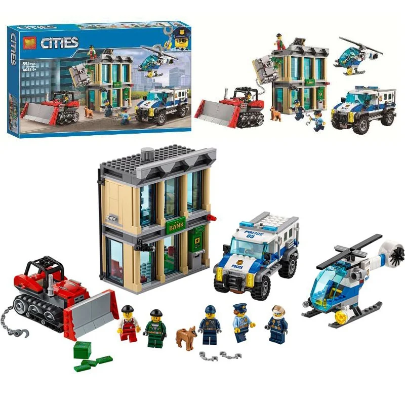 10659 City Police Helicopter Bulldozer Break-in Bank Model Building Blocks Sets Toy Compatible with 02019 City Buildings 60140