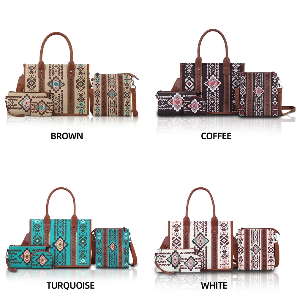 

(4pcs) Bohemian Chic Womens Tote Bag Set - Fashionable Retro Design with Adjustable Strap & Zippered Clutch Pouch