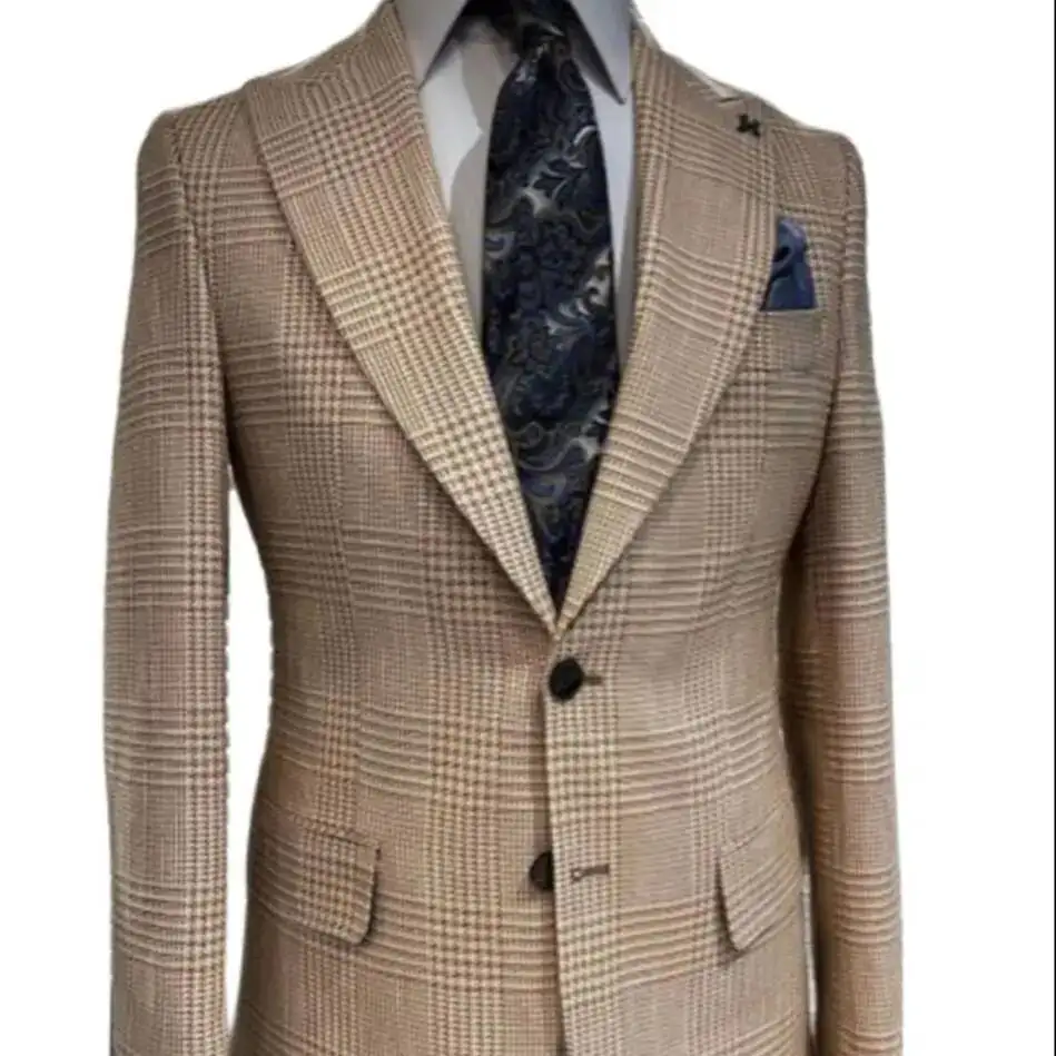 Khaki 2 Pieces Suit Houndstooth Design Blazer Trousers Men's Wedding Clothing Party Wear Jacket Pants Outfit Costume Customized