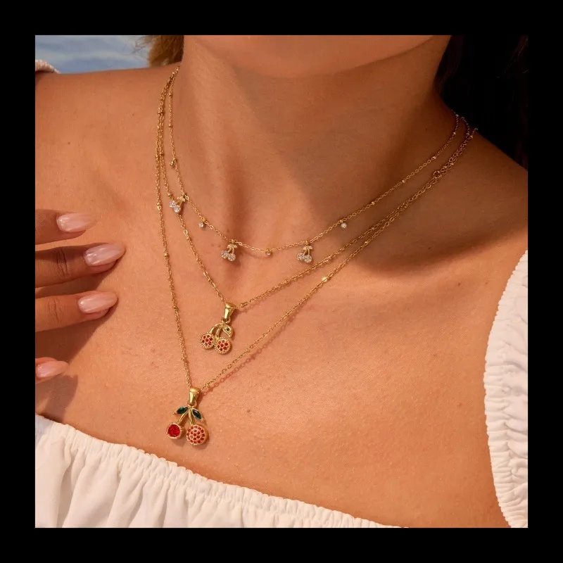 Ins الاتجاه الماس الكرز قلادة الفولاذ المقاوم للصدأ قلادة تصميم الحلو سلسلة الترقوة البند المجوهرات بالجملة #1