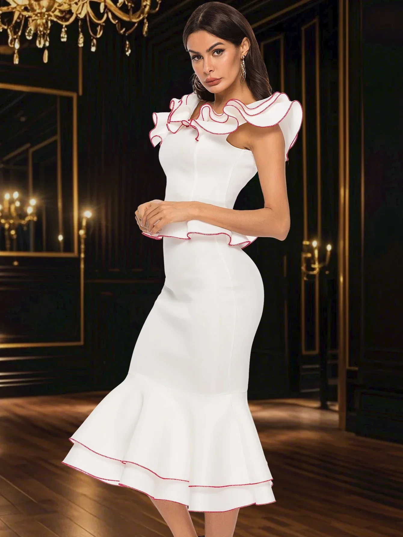 conjunto-de-vestido-de-sirena-para-mujer-con-volantes-y-detalles-rosados-sin-mangas-largo-a-media-pantorrilla-ajustado-al-cuerpo-ideal-para-eventos-formales-y-bodas