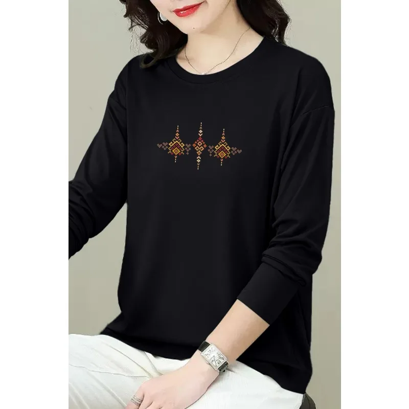 Women High Grade Cotton Long Sleeve T Shirt Ethnic Print Round Neck Loose Plus Size Spring Casual Top
