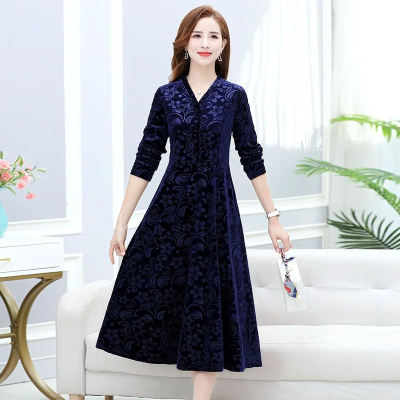 Women Golden Velvet Dress 2025 New Printed Long Sleeved V-neck Party Dress Middle Aged Women Clothing Long Dresses Vestidos 5XL