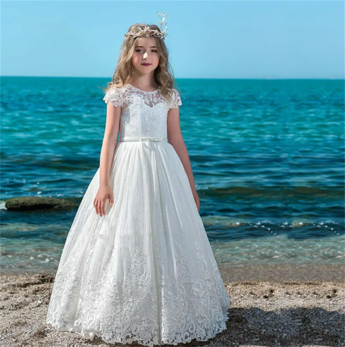 

Flower Girl Dress White Lace Decal Bow Short Sleeve Wedding Cute Flower Child's First Eucharist Birthday Party Dress Girl Gift