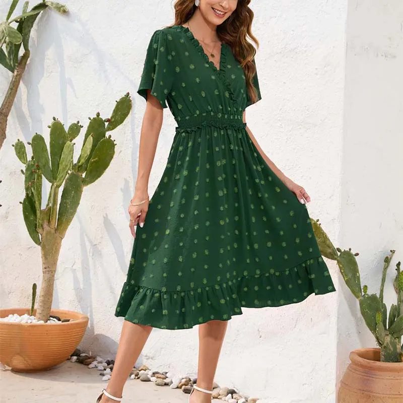 Casual solto feminino verão manga curta vestido longo elegante plissado praia vestido de verão sexy dot em camadas sólido decote em v maxi vestidos