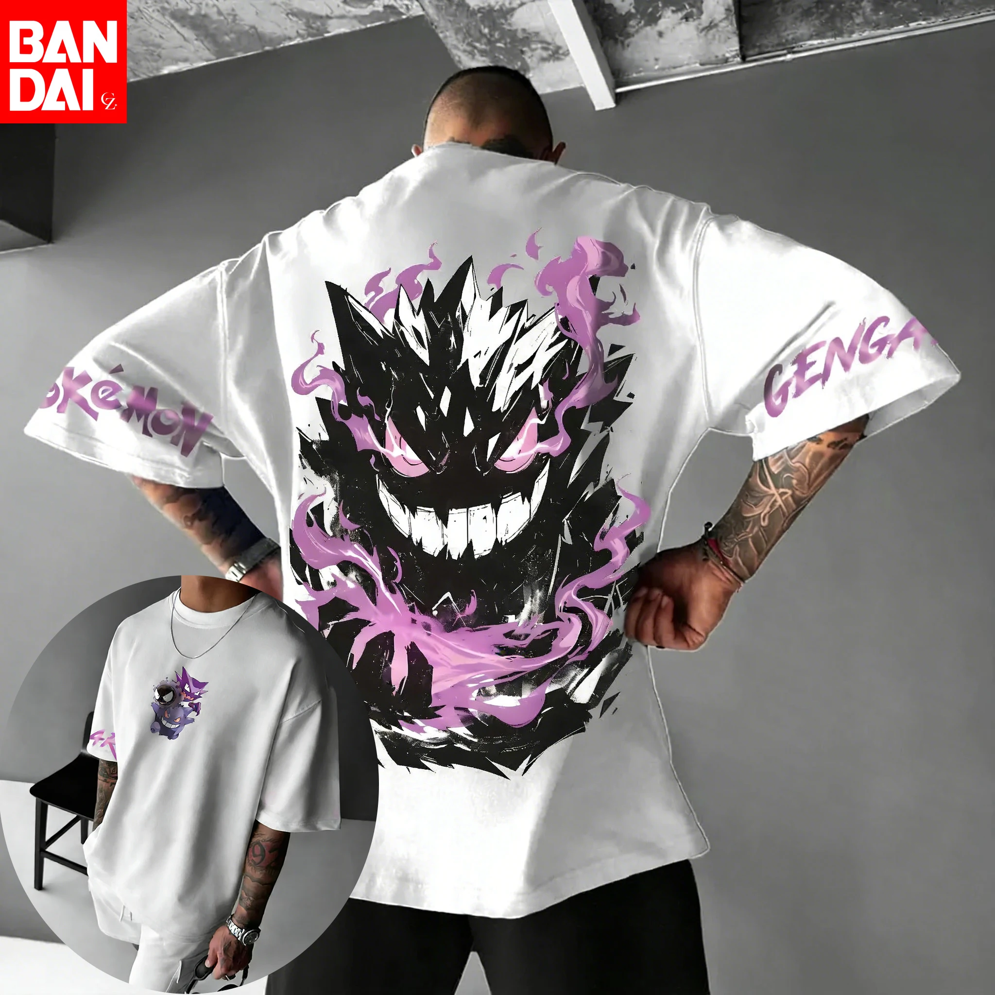 

Мужская хлопковая футболка Pokemon 2026 Summer, уличная одежда, оверсайз, с принтом Gengar Mega Gengar Fusion, повседневная, для фанатов аниме, подарок