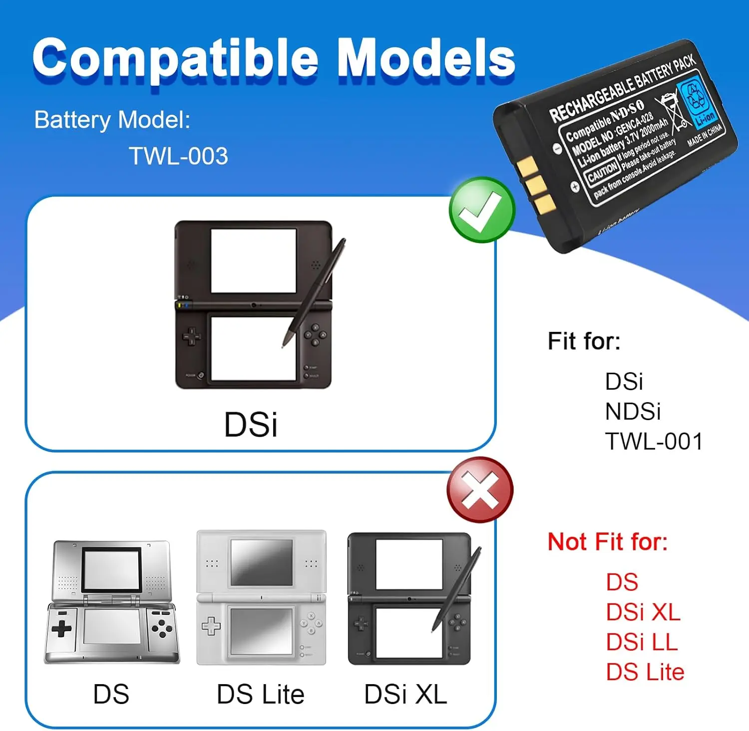 TWL-003 2000mAh TWL 003 Rechargeable Battery 3.7V TWL003 Lithium Battery Pack For Nintendo Ndsi Game Console Built-in Batteries