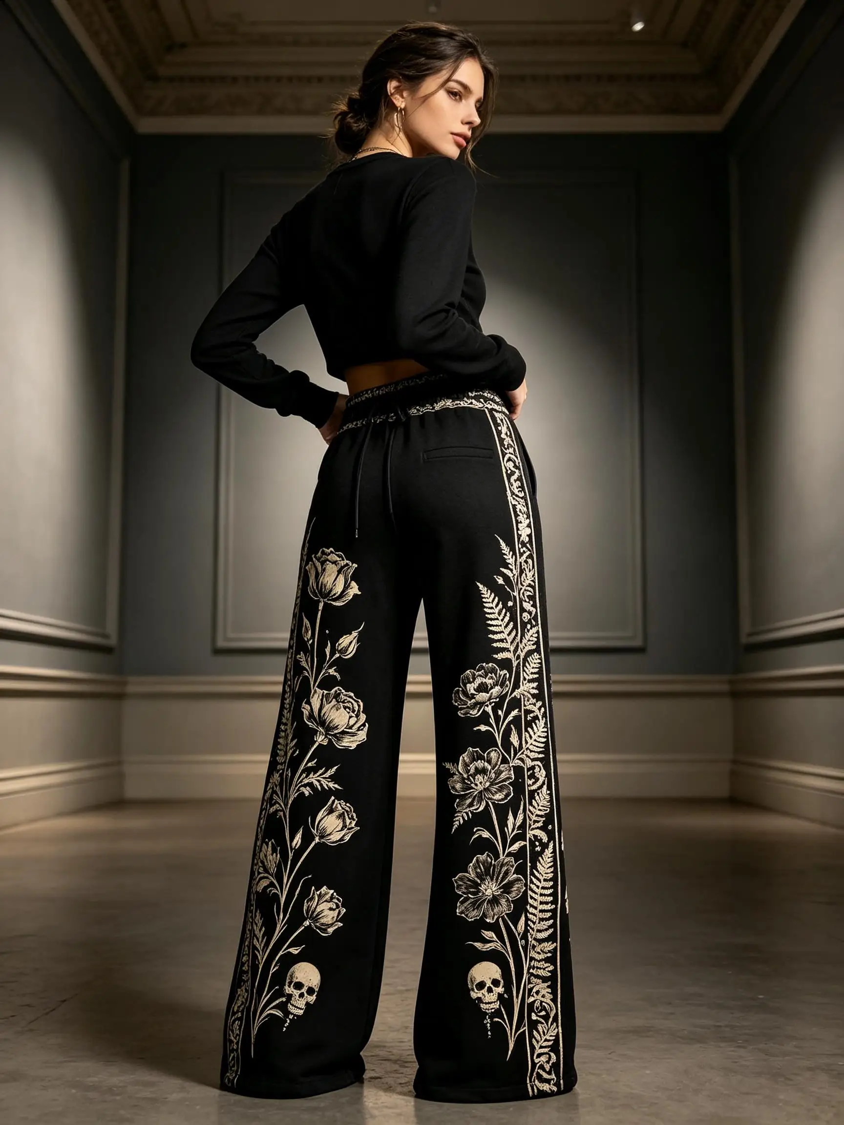 Halloween Women Gothic Floral Skull Print Wide Leg Sweatpants Drawstring Waist Side Pattern Casual Trousers
