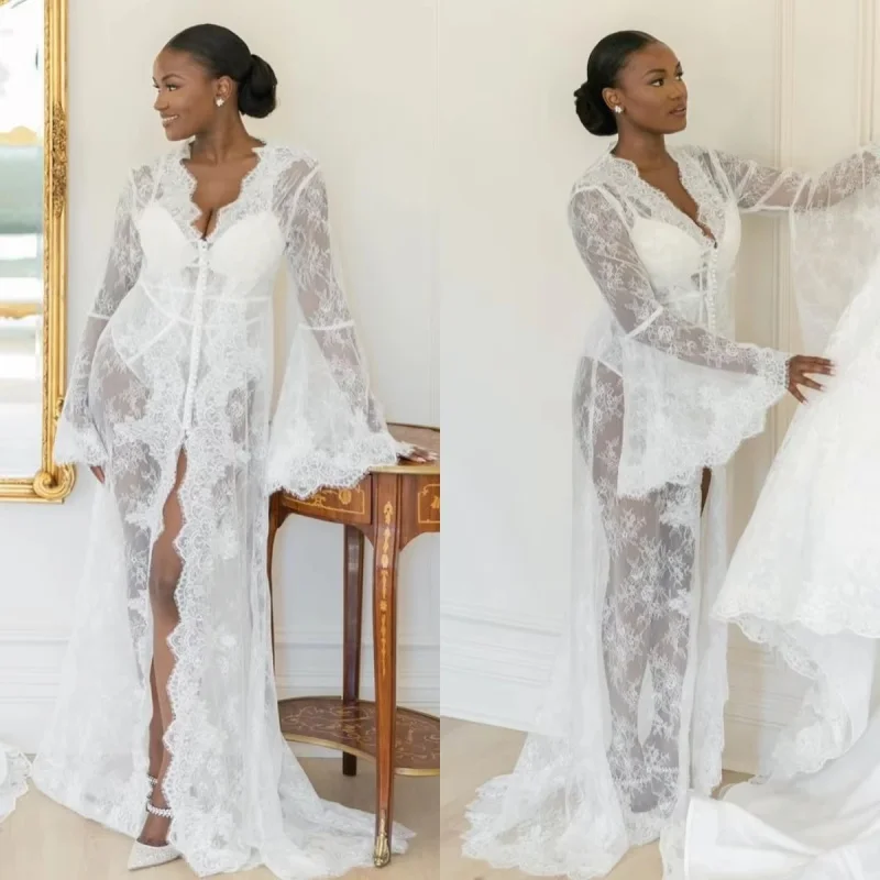 White Lace Woman Prom Dress For Photoshoot Flower Tulle Sexy V Neck Sheer Bridal Morning Robes Night Gown Sleepwear Customized