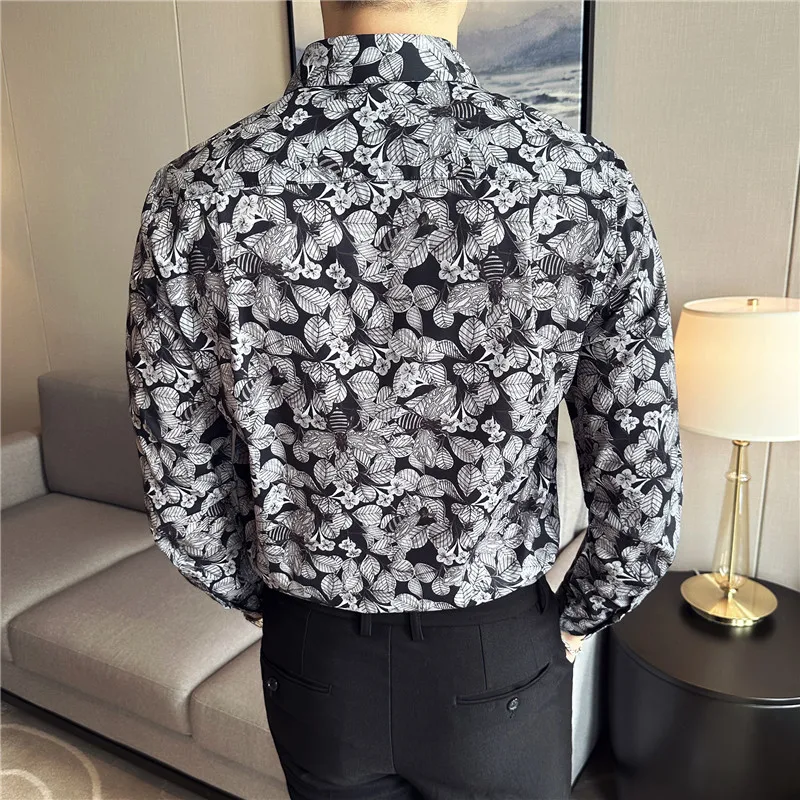 Mens Printed Shirt 2023 Autumn New Long Sleeved Elastic Slim Fit Camisas Club/Prom Tuxedo Dress Shirt Tops Casual Men Clothing