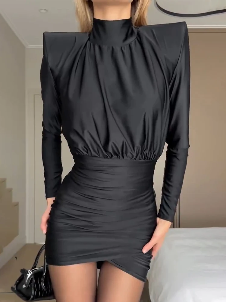 

Trendix Long Sleeve High Neck Mini For Dress Women Black Sexy Slim Pleated Casual Short Dresses Party Club Elegant Evening Dress