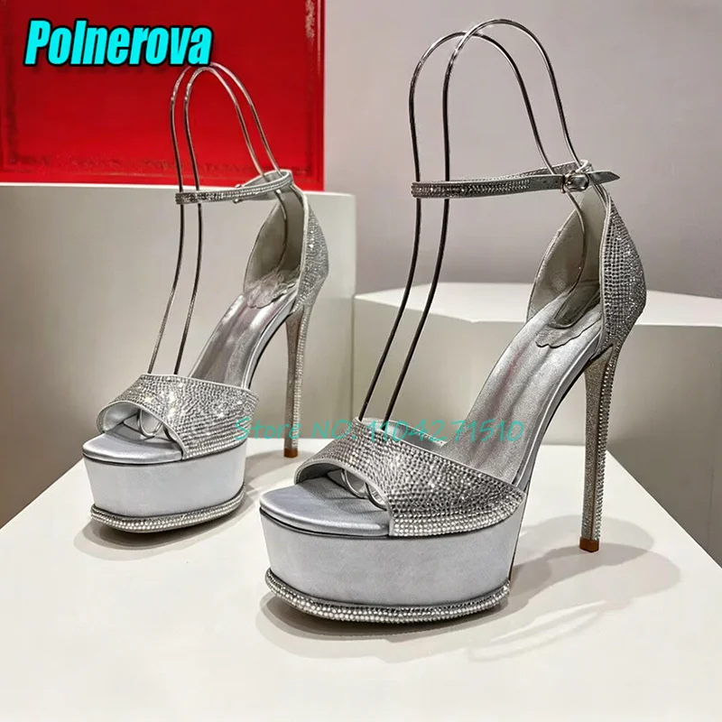 Luxury Rhinestones High Heels for Women Shining Crystal Platform Open Toe Ankle Strap Sandals Elegant Lady Party Wedding Shoes