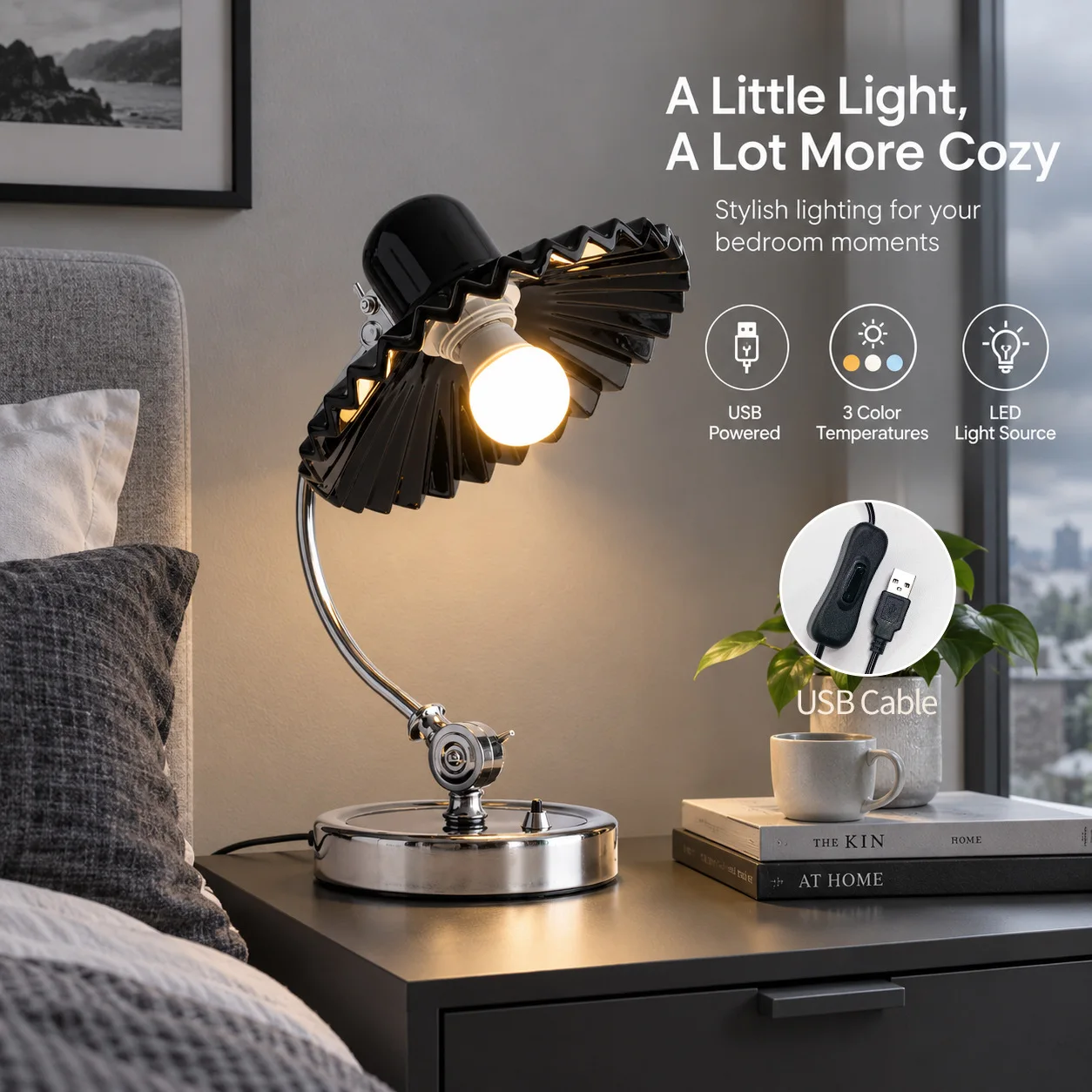 Modern Italian Ceramic Table Lamp USB Powered 3 Color Modes Desk Light Adjustable Arm for Bedroom Study Living Room Home Decor