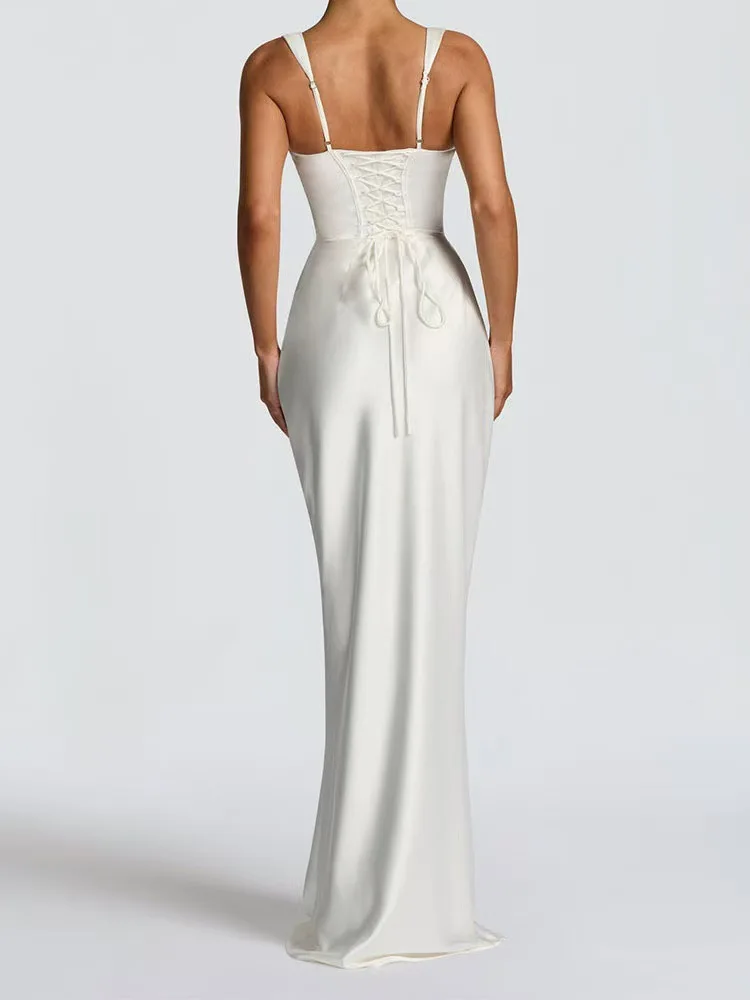 Mingmingxi Kleid für formelle Anlässe, Damen-Maxi-Korsettkleid, Satin, sexy Schnürung, elegantes Hochzeitsgastkleid mit Schal