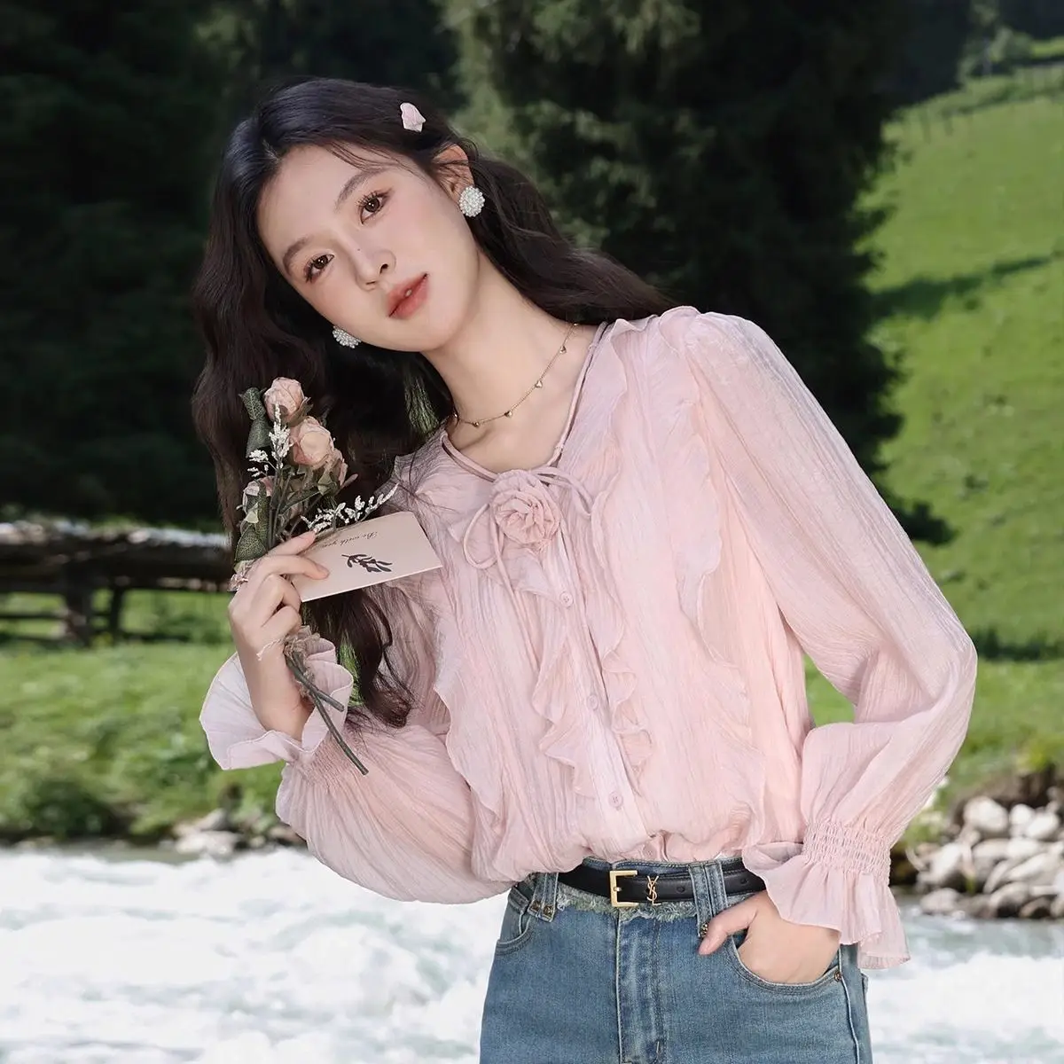 Gaganight Women Romantic Flower Sakura Pink Shirt 2024 New Women's Autumn Chic Sweet Gentle French Temperament Female Blouse