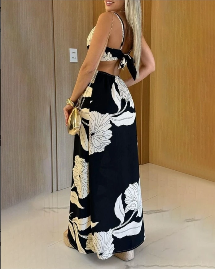 Printed V-neck adjustable thin shoulder strap long skirt button front slit A-line dress