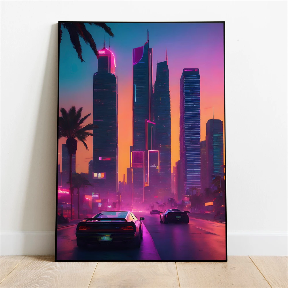 Synthwave Poster Print Wall Art Cyber City Print 80s Nostalgia Futuristic Gaming Room Decor Home Bedroom Wall Decor