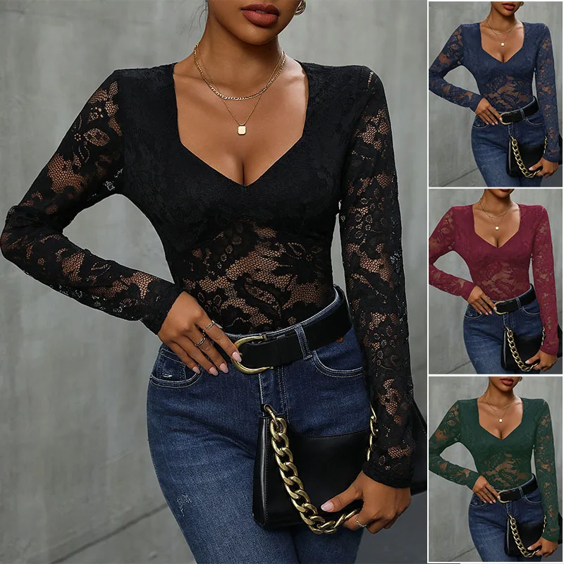 

Women's Square Neck Lace Patchwork Bodysuit Long Sleeve Sexy One Piece Top New Fashion for Ladies