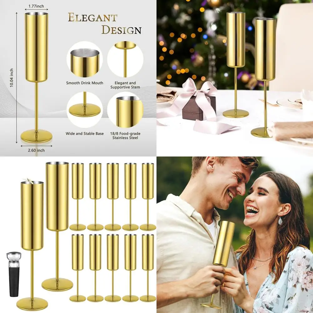 

Set of 12 Insulated Stainless Steel Champagne Flutes, 6oz Durable Reusable Glasses for Celebrations, Gold