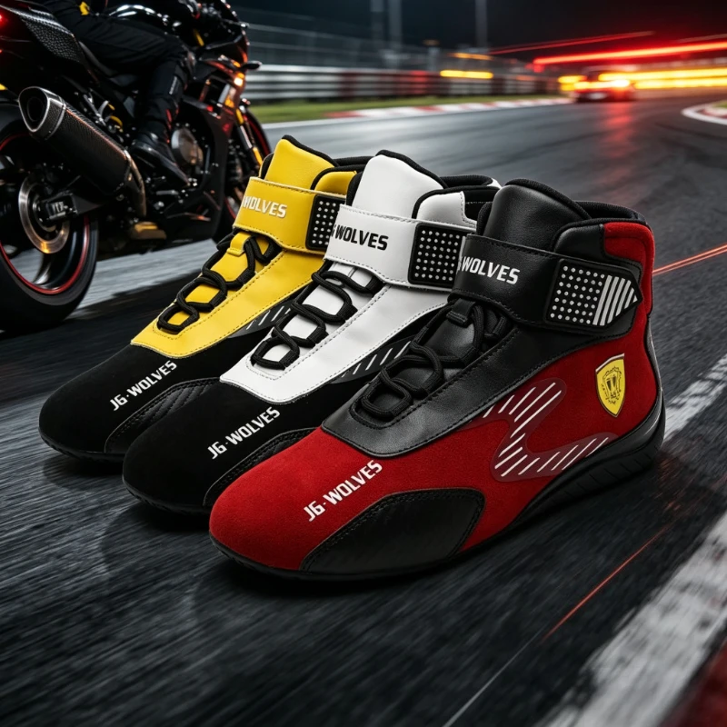 JG Wolf Go Kart Racing Shoes Flame Resistant Cowhide Abrasion Resistant Ankle Strap Professional Karting Boots for Adult