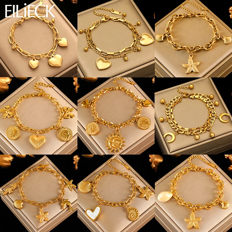 EILIECK 316L Acero inoxidable Metal dorado sol Luna estrella de mar pulsera para mujer cadena de muñeca de moda joyería hecha a mano regalo fiesta