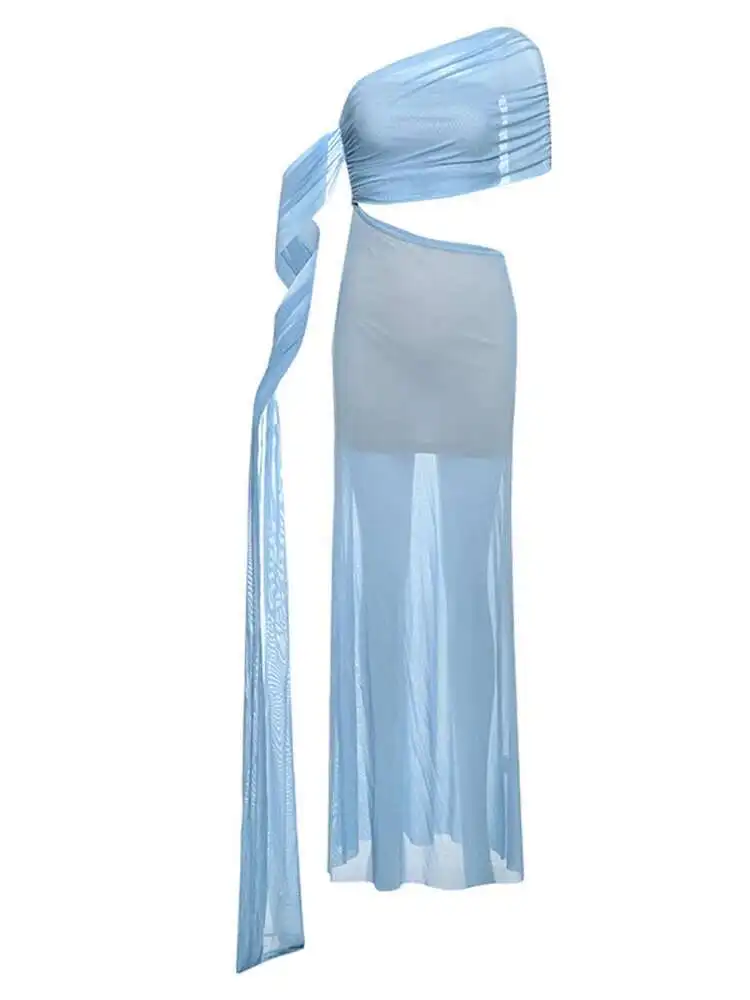 メッシュスキューカラーカットアウトドレス女性背中の開いた Babyoung ノースリーブロングドレスシックなホリデーパーティー夏 A-E 女性ローブ