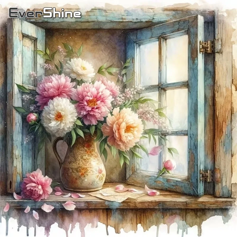 EverShine DIY Diamant-Stickerei Pfingstrosen-Blumen-Gemälde Vollquadratische und Runde Diamant-Mosaik Fenster-Bastelset Kunst Heimdekoration